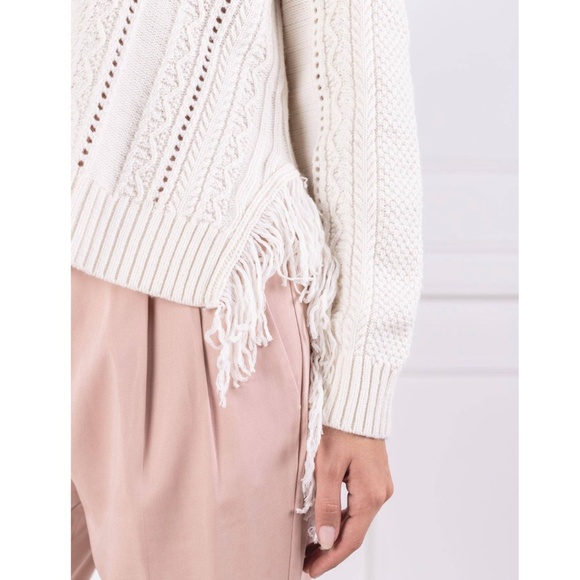TWIN-SET MILANO KNITTED WOOL SWEATER WITH "V" NECKLINE FRINGE HEM CREAM- L - Picture 4 of 15